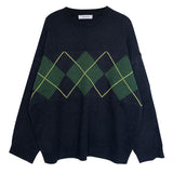 Korean College Style Autumn Winter Geometric Pattern Argyle Pullovers Loose Oversized O-Neck Knitted Sweaters Woman Jumper Mujer