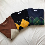 Korean College Style Autumn Winter Geometric Pattern Argyle Pullovers Loose Oversized O-Neck Knitted Sweaters Woman Jumper Mujer