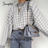Simplee Women geometric khaki knitted sweater women casual Houndstooth lady pullover sweater female Autumn winter retro jumper - ENSEIGNE DENIS