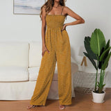 Women Polka Dot Jumpsuit High Waist Rompers Boho Yellow Spaghetti Strap Top Wide Leg Pants Female Summer 2019 Jumpsuits Ladies