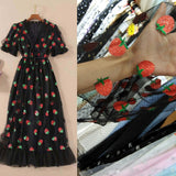 Sexy V-Neck Belt Strawberry Hot stamping Short Sleeve Party Mid-Length Dress Net Yarn Summer New Women'S Clothing - ENSEIGNE DENIS