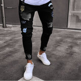 New Skinny Jeans men Streetwear Destroyed Ripped Jeans Homme Hip Hop Broken modis male Pencil Biker Embroidery Patch Pants