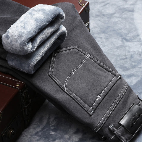 2020 Winter New Men Warm Gray Jeans High Quality Elasticity Thicken Skinny Plus Velvet Denim Pants Trousers Male Brand Clothes