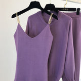 2020 autumn Knitted sweater suit casual new product temperament chain vest knitted jacket + elastic pants three-piece sets TZ423