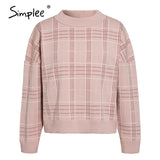 Simplee Women geometric khaki knitted sweater women casual Houndstooth lady pullover sweater female Autumn winter retro jumper - ENSEIGNE DENIS