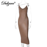 Dulzura Pu Faux Leather Women Slit Midi Dress Strap V Neck Backless Bodycon Sexy Streetwear Party Elegant Autumn Winter Club