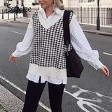Simplee Women geometric khaki knitted sweater women casual Houndstooth lady pullover sweater female Autumn winter retro jumper - ENSEIGNE DENIS
