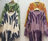 Aproms Elegant Green Striped Print Oversized Pullovers Women Winter O-Neck Loose Long Sweaters Streetwear Warm Outerwear 2021