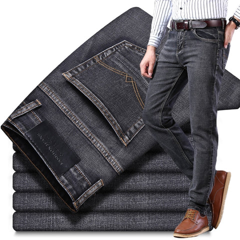 2020 New Classic Style Men's Grey Jeans Business Fashion Soft Stretch Denim Trousers Male Brand Fit Pants Black Blue