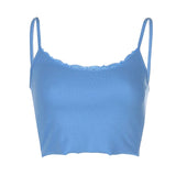2020 E-Girl Style Spaghetti Strap V Neck with Lace Cropped Tops Y2K Summer Fashion Ribbed Solid Backless Blue Cami Streetwear - ENSEIGNE DENIS