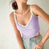 2020 E-Girl Style Spaghetti Strap V Neck with Lace Cropped Tops Y2K Summer Fashion Ribbed Solid Backless Blue Cami Streetwear - ENSEIGNE DENIS