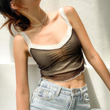 2020 E-Girl Style Spaghetti Strap V Neck with Lace Cropped Tops Y2K Summer Fashion Ribbed Solid Backless Blue Cami Streetwear - ENSEIGNE DENIS