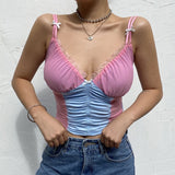 2020 E-Girl Style Spaghetti Strap V Neck with Lace Cropped Tops Y2K Summer Fashion Ribbed Solid Backless Blue Cami Streetwear - ENSEIGNE DENIS