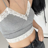 2020 E-Girl Style Spaghetti Strap V Neck with Lace Cropped Tops Y2K Summer Fashion Ribbed Solid Backless Blue Cami Streetwear - ENSEIGNE DENIS
