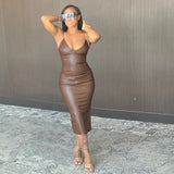 Dulzura Pu Faux Leather Women Slit Midi Dress Strap V Neck Backless Bodycon Sexy Streetwear Party Elegant Autumn Winter Club