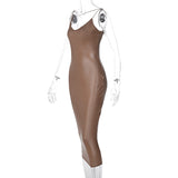 Dulzura Pu Faux Leather Women Slit Midi Dress Strap V Neck Backless Bodycon Sexy Streetwear Party Elegant Autumn Winter Club
