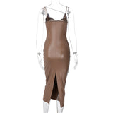 Dulzura Pu Faux Leather Women Slit Midi Dress Strap V Neck Backless Bodycon Sexy Streetwear Party Elegant Autumn Winter Club