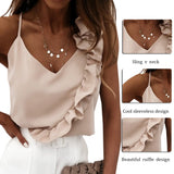 Muyogrt Women Summer Blouse Shirts Sexy V Neck Ruffle Blouses Backless Spaghetti Strap Office Ladies Sleeveless Casual Tops