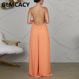 Women Chiffon Halter Backless Jumpsuits Loose Style Long Overalls Elegant Party Club Jumpsuit