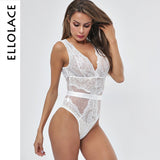 Ellolace Summer Lace Bodysuit Women Floral Embroidery Deep V Neck Sexy Bodysuit Dot Patchwork Jumpsuit Overalls 2019 Femlae Body