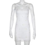 HEYounGIRL 90s Print Embroidery Lace Sexy Bodycon Dress Split Summer Mini Dresses Ladies Embroidery Sleeveless Short Dress Y2K