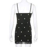 HEYounGIRL 90s Print Embroidery Lace Sexy Bodycon Dress Split Summer Mini Dresses Ladies Embroidery Sleeveless Short Dress Y2K