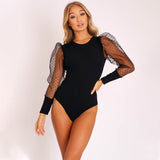 2020 New Lace Puff Sleeve Women's Bodysuit Autumn Polka Dot Elegant Vintage Bodycon Jumpsuit Tops Skinny Mesh Rompers Ladies
