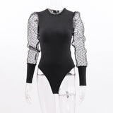 2020 New Lace Puff Sleeve Women's Bodysuit Autumn Polka Dot Elegant Vintage Bodycon Jumpsuit Tops Skinny Mesh Rompers Ladies