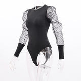 2020 New Lace Puff Sleeve Women's Bodysuit Autumn Polka Dot Elegant Vintage Bodycon Jumpsuit Tops Skinny Mesh Rompers Ladies