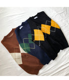 Korean College Style Autumn Winter Geometric Pattern Argyle Pullovers Loose Oversized O-Neck Knitted Sweaters Woman Jumper Mujer