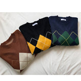 Korean College Style Autumn Winter Geometric Pattern Argyle Pullovers Loose Oversized O-Neck Knitted Sweaters Woman Jumper Mujer