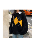 Korean College Style Autumn Winter Geometric Pattern Argyle Pullovers Loose Oversized O-Neck Knitted Sweaters Woman Jumper Mujer