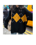 Korean College Style Autumn Winter Geometric Pattern Argyle Pullovers Loose Oversized O-Neck Knitted Sweaters Woman Jumper Mujer