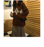 Korean College Style Autumn Winter Geometric Pattern Argyle Pullovers Loose Oversized O-Neck Knitted Sweaters Woman Jumper Mujer