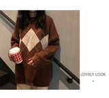 Korean College Style Autumn Winter Geometric Pattern Argyle Pullovers Loose Oversized O-Neck Knitted Sweaters Woman Jumper Mujer