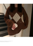 Korean College Style Autumn Winter Geometric Pattern Argyle Pullovers Loose Oversized O-Neck Knitted Sweaters Woman Jumper Mujer