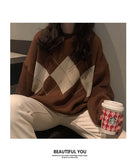 Korean College Style Autumn Winter Geometric Pattern Argyle Pullovers Loose Oversized O-Neck Knitted Sweaters Woman Jumper Mujer