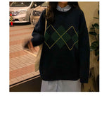 Korean College Style Autumn Winter Geometric Pattern Argyle Pullovers Loose Oversized O-Neck Knitted Sweaters Woman Jumper Mujer