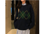 Korean College Style Autumn Winter Geometric Pattern Argyle Pullovers Loose Oversized O-Neck Knitted Sweaters Woman Jumper Mujer