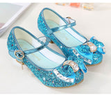 Princess Kids Leather Shoes for Girls Flower Casual Glitter Children High Heel Girls Shoes Butterfly Knot Blue Pink Silver