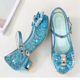 Princess Kids Leather Shoes for Girls Flower Casual Glitter Children High Heel Girls Shoes Butterfly Knot Blue Pink Silver