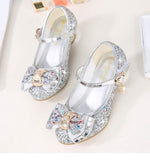 Princess Kids Leather Shoes for Girls Flower Casual Glitter Children High Heel Girls Shoes Butterfly Knot Blue Pink Silver