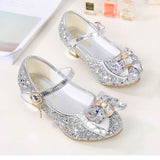 Princess Kids Leather Shoes for Girls Flower Casual Glitter Children High Heel Girls Shoes Butterfly Knot Blue Pink Silver