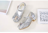 Princess Kids Leather Shoes for Girls Flower Casual Glitter Children High Heel Girls Shoes Butterfly Knot Blue Pink Silver