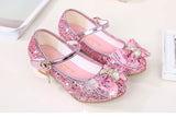 Princess Kids Leather Shoes for Girls Flower Casual Glitter Children High Heel Girls Shoes Butterfly Knot Blue Pink Silver