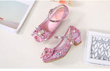 Princess Kids Leather Shoes for Girls Flower Casual Glitter Children High Heel Girls Shoes Butterfly Knot Blue Pink Silver