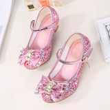 Princess Kids Leather Shoes for Girls Flower Casual Glitter Children High Heel Girls Shoes Butterfly Knot Blue Pink Silver
