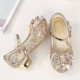 Princess Kids Leather Shoes for Girls Flower Casual Glitter Children High Heel Girls Shoes Butterfly Knot Blue Pink Silver