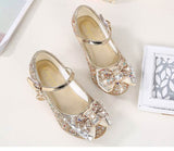 Princess Kids Leather Shoes for Girls Flower Casual Glitter Children High Heel Girls Shoes Butterfly Knot Blue Pink Silver