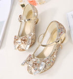 Princess Kids Leather Shoes for Girls Flower Casual Glitter Children High Heel Girls Shoes Butterfly Knot Blue Pink Silver